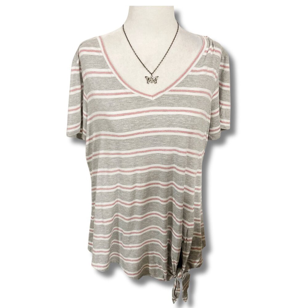 MATTY M Grey white pink striped v-neck t-shirt ~ LARGE XL 1X tie waist top tee